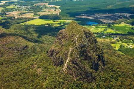 Aerial view of Glasshouse Mountains on the Sunshine Coast, Queendsland, Australiaの写真素材