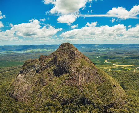 Aerial view of Glasshouse Mountains on the Sunshine Coast, Queendsland, Australiaの写真素材