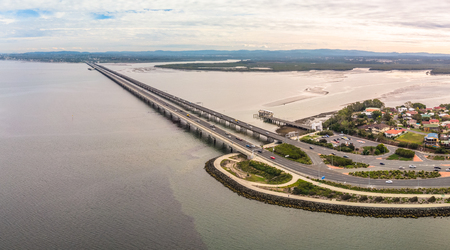 Aerial view of Ted Smout Memorial and Houghton Bridges, which cross the Bramble Bay connecting the Redcliffe Peninsula and Brigthonの写真素材