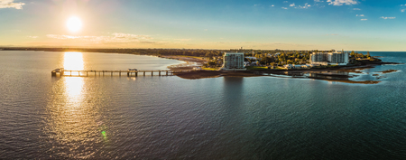 Aerial view of Woody Point Jetty on Redcliffe peninsula, Brisbane, Australiaの写真素材