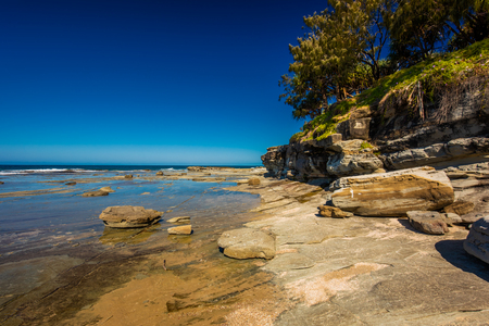 Sunny view of Shelly Beach at Caloundra, Sunshine Coast, Queensland, Australiaの写真素材