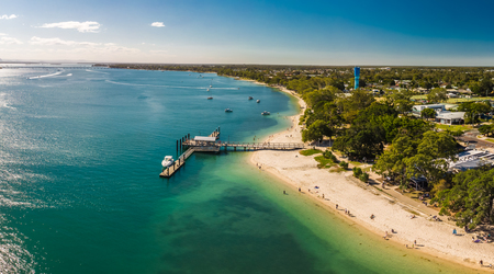 Aerial view of Bongaree Jetty on Bribie Island, Sunshine Coast, Queensland, Australiaの写真素材