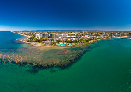 Aerial drone view of Settlement Cove Lagoon, Redcliffe, Brisbane, Australiaのeditorial素材