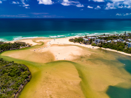 Aerial drone view of beach and Currimundi Lake, Caloundra, Sunshine Coast, Queensland, Australiaの写真素材