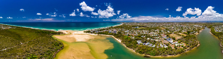 Aerial drone view of beach and Currimundi Lake, Caloundra, Sunshine Coast, Queensland, Australiaの写真素材