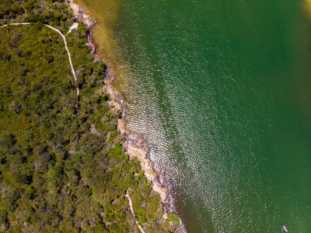 Aerial drone view of beach and Currimundi Lake, Caloundra, Sunshine Coast, Queensland, Australiaの写真素材