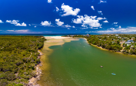 Aerial drone view of beach and Currimundi Lake, Caloundra, Sunshine Coast, Queensland, Australiaの写真素材