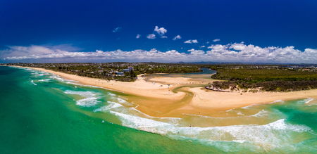 Aerial drone view of beach and Currimundi Lake, Caloundra, Sunshine Coast, Queensland, Australiaの写真素材