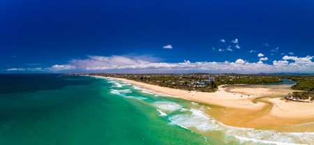 Aerial drone view of beach and Currimundi Lake, Caloundra, Sunshine Coast, Queensland, Australiaの写真素材