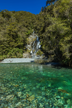 Fantail Falls, Haast Pass, Mt Aspiring National Park, New Zealand, South Islandの写真素材