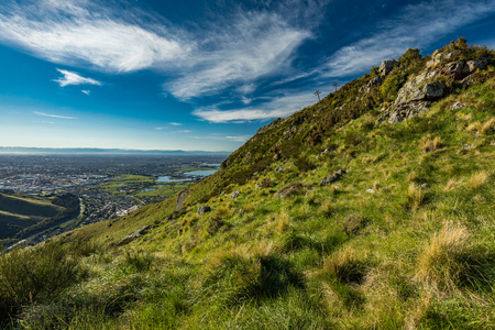Christchurch Gondola and the Lyttelton port from Port Hills in New Zealand, South Islandの写真素材