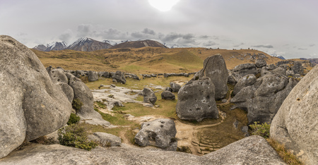The Castle Hill Conservation Area or  Kura Tawhiti, Arthur's pass, Limestone rock formations, Southern Alps, South island, New Zealandの写真素材