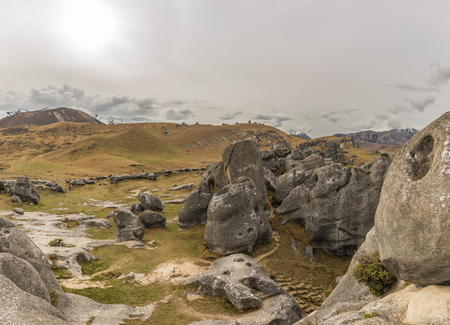 The Castle Hill Conservation Area or  Kura Tawhiti, Arthur's pass, Limestone rock formations, Southern Alps, South island, New Zealandの写真素材