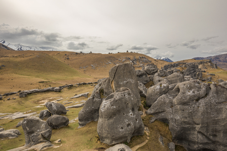 The Castle Hill Conservation Area or  Kura Tawhiti, Arthur's pass, Limestone rock formations, Southern Alps, South island, New Zealandの写真素材