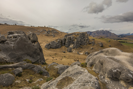 The Castle Hill Conservation Area or  Kura Tawhiti, Arthur's pass, Limestone rock formations, Southern Alps, South island, New Zealandの写真素材