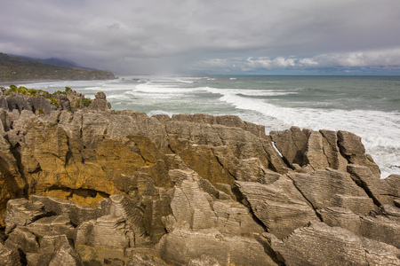 Punakaiki Pancake Rocks with blowholes in the Paparoa National Park, South Island, New Zealandの写真素材