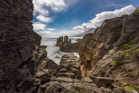 Punakaiki Pancake Rocks with blowholes in the Paparoa National Park, South Island, New Zealandの写真素材