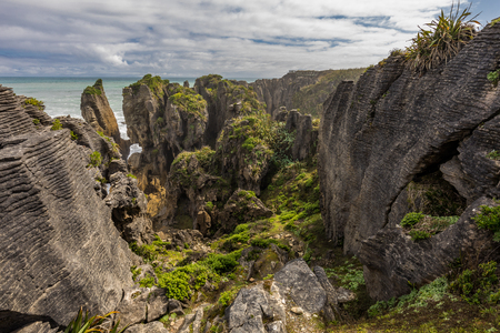 Punakaiki Pancake Rocks with blowholes in the Paparoa National Park, South Island, New Zealandの写真素材