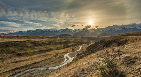 Cave Stream Scenic Reserve during sunset, Canterbury, South Island, New Zealandの写真素材
