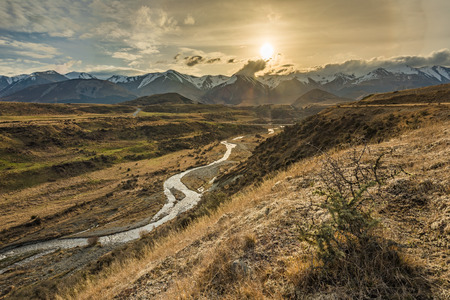 Cave Stream Scenic Reserve during sunset, Canterbury, South Island, New Zealandの写真素材