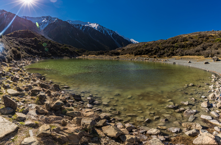 Blue Lakes and the mountains in the Tasman Valley Walk on the way to Tasman Glacier View, South Island, New Zealandの写真素材