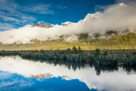 Mirror Lakes with reflection of Earl Mountains, Fjordland National Park, Millford Road, New Zealandの写真素材