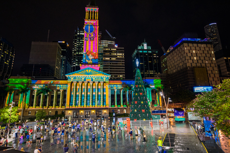 BRISBANE, AUSTRALIA, DEC 21 2018: Lighting show on the City Hall building at King George square, Brisbane, Queensland, Australiaのeditorial素材