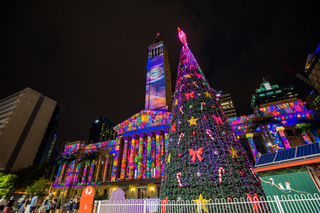 BRISBANE, AUSTRALIA, DEC 21 2018: Lighting show on the City Hall building at King George square, Brisbane, Queensland, Australiaのeditorial素材