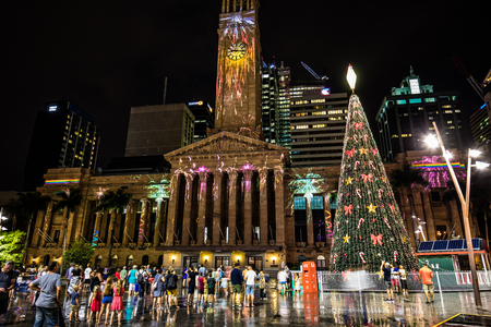 BRISBANE, AUSTRALIA, DEC 21 2018: Lighting show on the City Hall building at King George square, Brisbane, Queensland, Australiaのeditorial素材