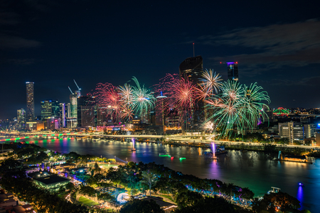 Aerial view of the South Bank fireworks during Christmas, Brisbane, Australia, 2018 Decemberのeditorial素材