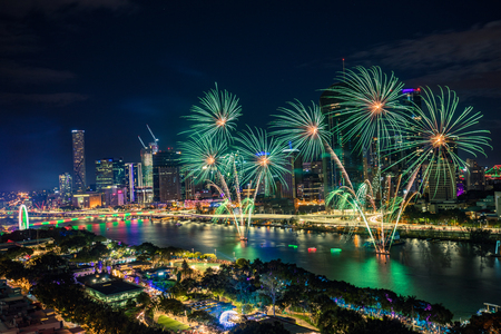 Aerial view of the South Bank fireworks during Christmas, Brisbane, Australia, 2018 Decemberのeditorial素材