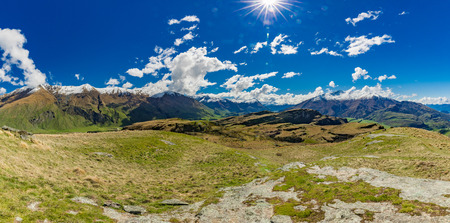 Rocky Mountain and Diamond Lake in the Mt Aspiring National Park near Wanaka, New Zealandの写真素材