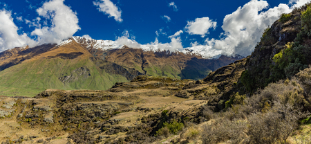 Rocky Mountain and Diamond Lake in the Mt Aspiring National Park near Wanaka, New Zealandの写真素材