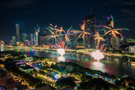 Aerial view of the South Bank fireworks during Christmas, Brisbane, Australia, 2018 Decemberのeditorial素材