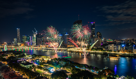 Aerial view of the South Bank fireworks during Christmas, Brisbane, Australia, 2018 Decemberのeditorial素材