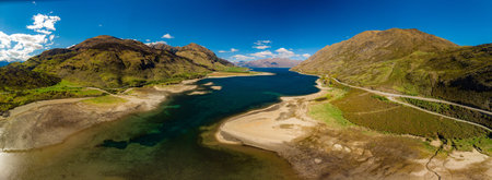 Panoramic drone aerial photos of Lake Hawea and mountains, South Island, New Zealandの写真素材