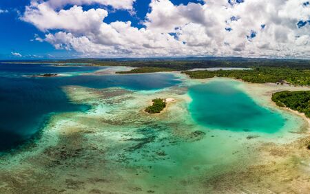 Aerial drone view of small islands and lagoons, Efate Island, Vanuatu, near Port Vilaの写真素材