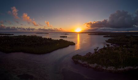 Aerial drone view of sunset over Efate Island, Vanuatu, near Port Vilaの写真素材