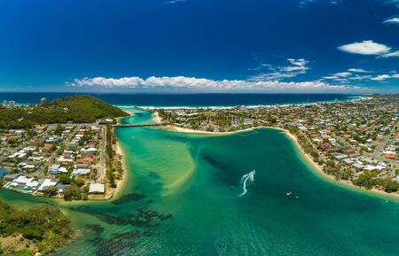 Aerial drone view of Tallebudgera Creek and beach on the Gold Coast, Queensland, Australiaの写真素材