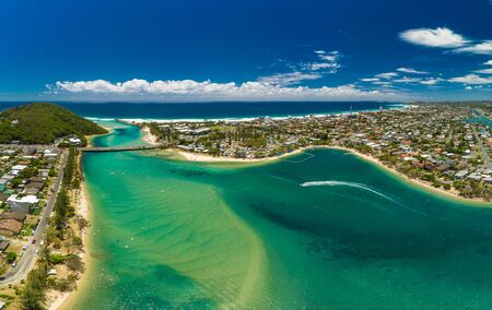 Aerial drone view of Tallebudgera Creek and beach on the Gold Coast, Queensland, Australiaの写真素材