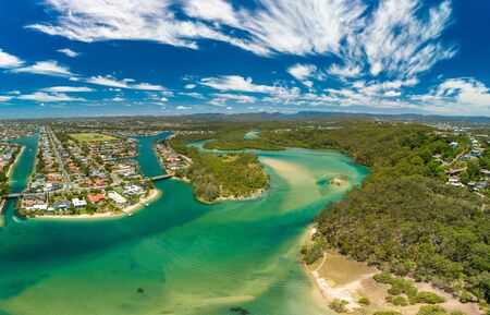 Aerial drone view of Tallebudgera Creek and beach on the Gold Coast, Queensland, Australiaの写真素材