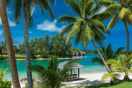 Tropical resort destination in Port Vila, Efate Island, Vanuatu, with beach and palm treesの写真素材