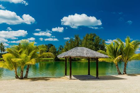Tropical resort destination in Port Vila, Efate Island, Vanuatu, with beach and palm treesの写真素材