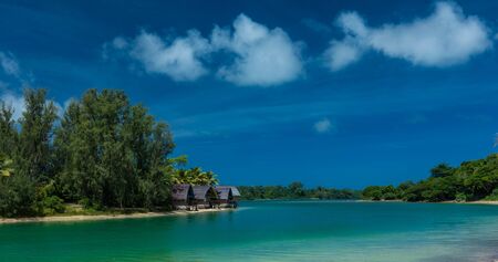 Tropical resort destination in Port Vila, Efate Island, Vanuatu, with beach and palm treesの写真素材
