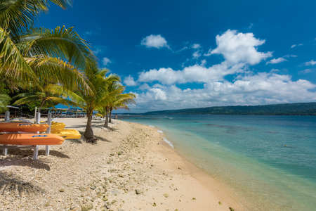 Port Vila, Vanuatu - April 6 2019: Jetty of a tropical Hideaway Island, Vanuatu, Port Vila, popular holidaymakers island for snorkeling. Close to Efate Island.のeditorial素材