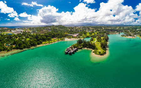 Port Vila, Vanuatu - April 3 2019: Aerial drone view of Holiday Inn Resort Vanuatu, Port Vila, popular holidaymakers resort. Efate Island.のeditorial素材