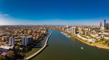 BRISBANE, AUSTRALIA - August 24 2019: Brisbane city with CBD and Story Bridge, aerial drone...