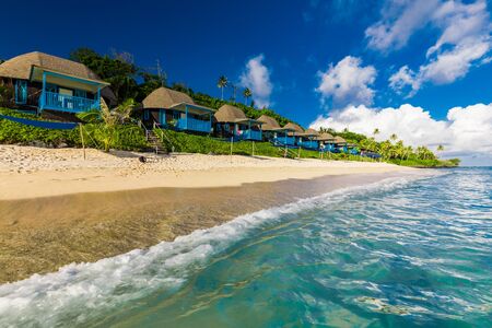 Lalomanu beach with open huts called fales, south side of Upolu Island, Samoa.の写真素材