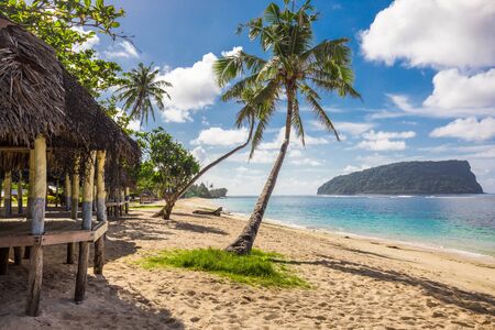 Lalomanu beach with open huts called fales, south side of Upolu Island, Samoa.の写真素材