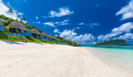 Lalomanu beach with open huts called fales, south side of Upolu Island, Samoa.の写真素材